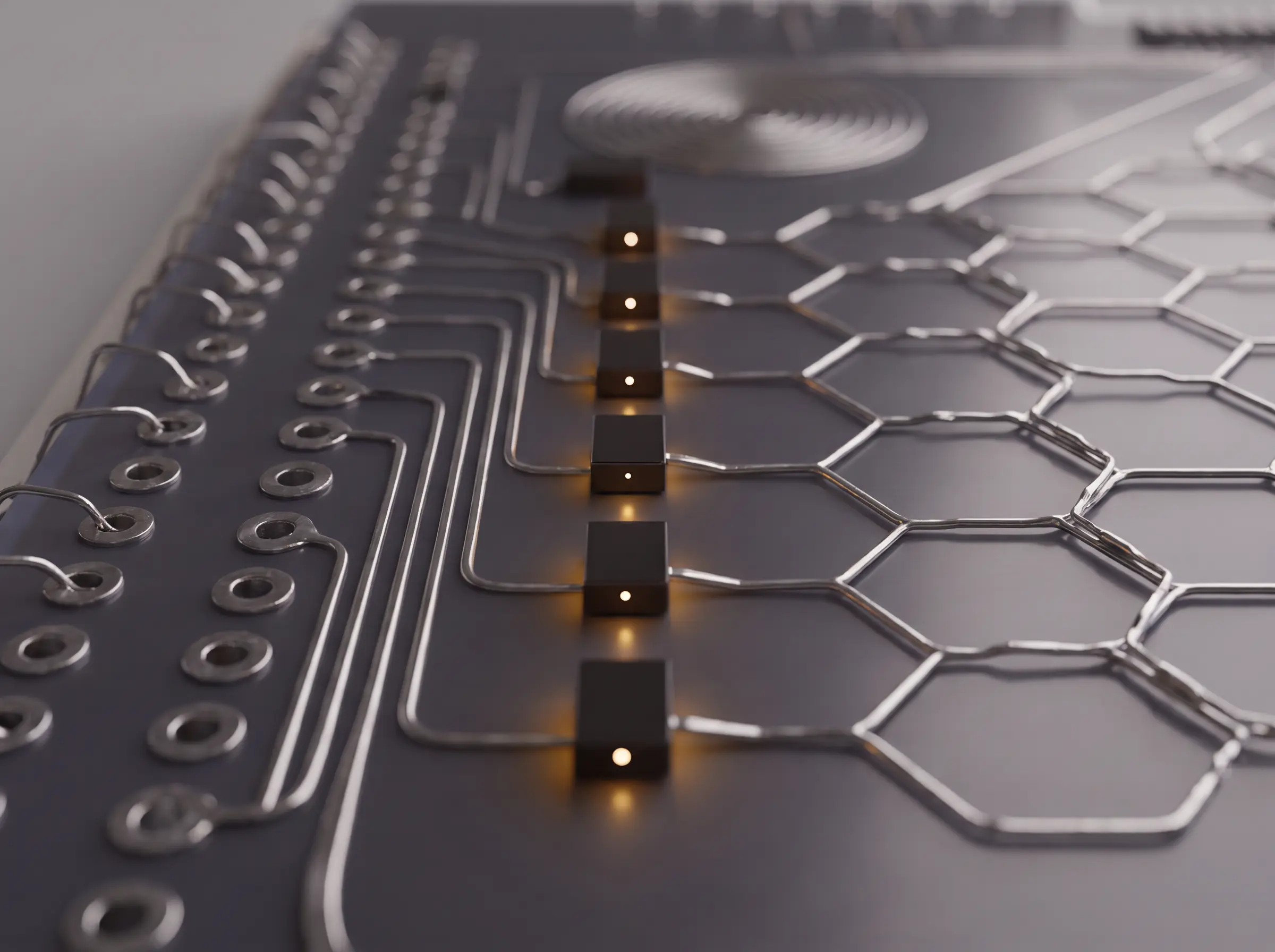 A close view of metal traces branching through a photonic test assembly, with a row of amber-lit taps at its center.