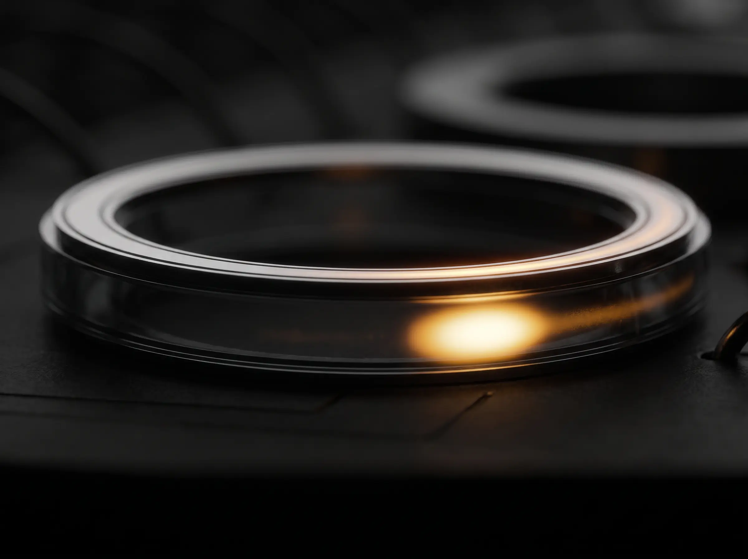A dark circular optical assembly with a narrow white ring and a single warm reflection along its lower edge.